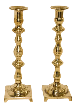 Antique Georgian Brass Square Base Candlesticks - A Pair
