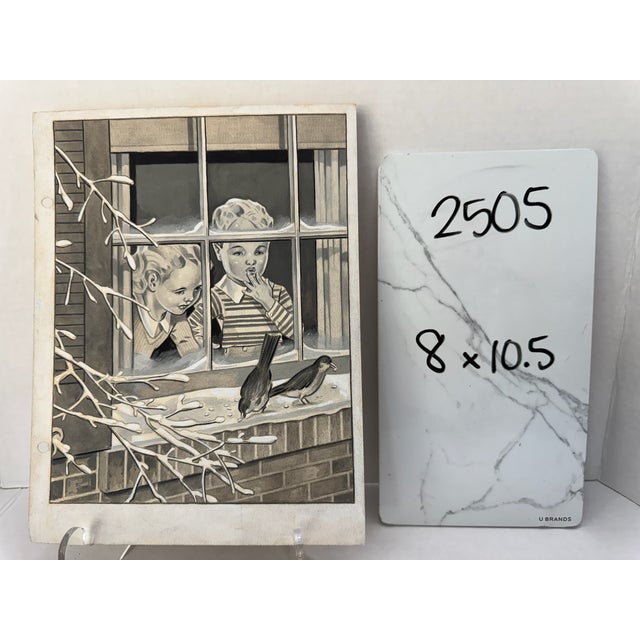 1940s Original. Signed Graphite Illustration of Children Watching Birds at a Snowy Window, 10.5 × 8 In. For Sale - Image 5 of 5