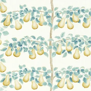Sanderson Perry Pears Fabric in Gold/Aqua