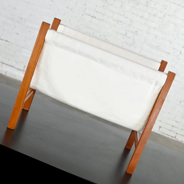 Mid 20th Century Vintage Scandinavian Modern Teak Frame & Off-White Fabric Sling Magazine Holder For Sale - Image 5 of 13