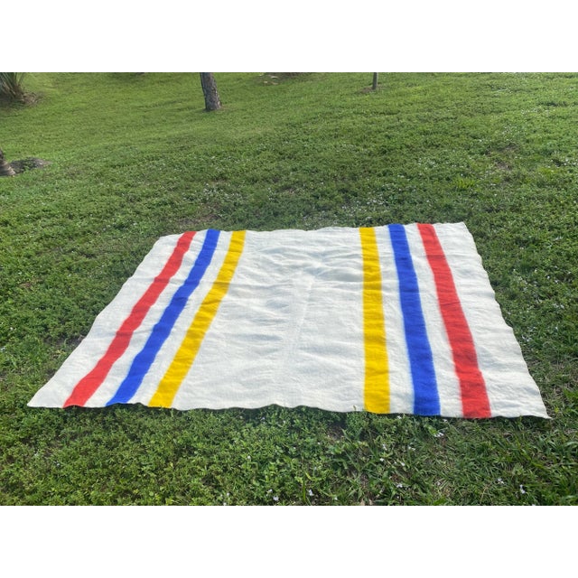 Vintage Hudson Bay Style Midcentury White With Red, Blue, and Yellow Striped Wool Blanket For Sale - Image 10 of 10
