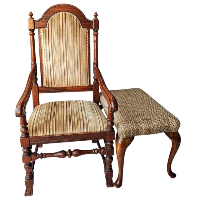 Vintage Carved Oak Armchair & Matching Ottoman Set For Sale In Raleigh - Image 6 of 12