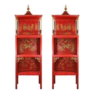 Pair of Vintage Louis XVI Style Chinoiserie Red Lacquer Display Cabinets For Sale