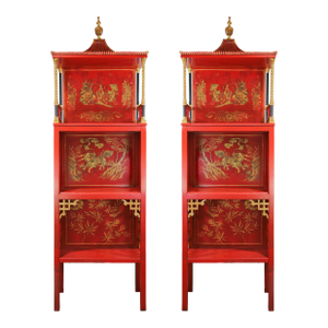 Pair of Vintage Louis XVI Style Chinoiserie Red Lacquer Display Cabinets
