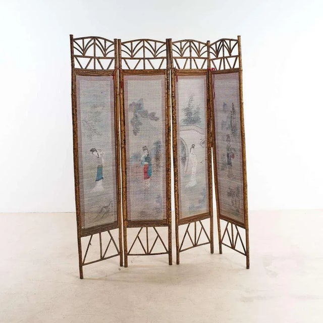 Wood Bamboo Windscreen with Japanese Figures For Sale - Image 7 of 7