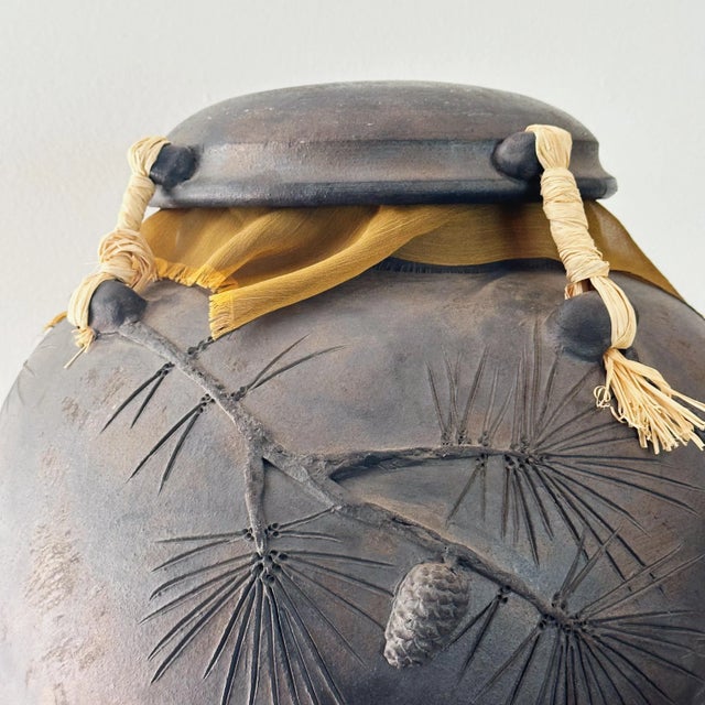 Large Vintage Hand Thrown Fine Art Pottery Vessel Depicting Pine Trees in Raku by Jeff Patterson For Sale - Image 4 of 10