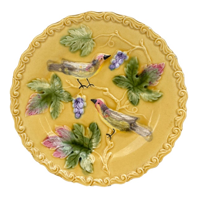 German Majolica Birds & Grapes Plate, Circa 1900 For Sale