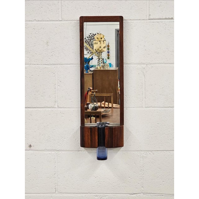Stunning Danish Rosewood Wall Mirror With Hand Blown Vase By Jacob Hermann For Randers Mobelfabrik.