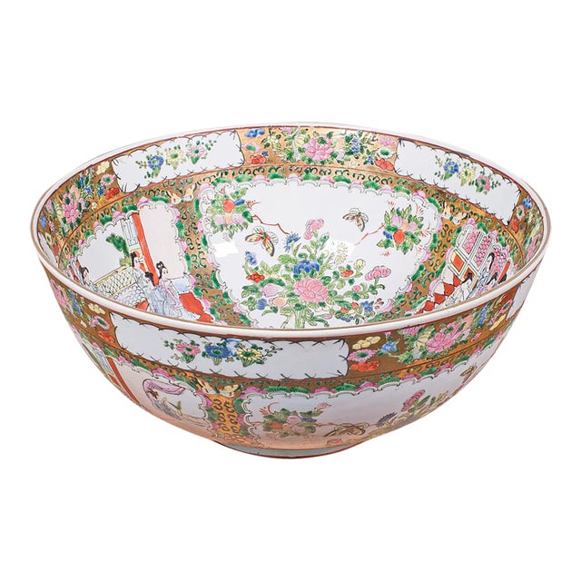 Large Vintage Famille Rose Fruit Bowl, Oriental, Ceramic, Display Dish, Art Deco For Sale