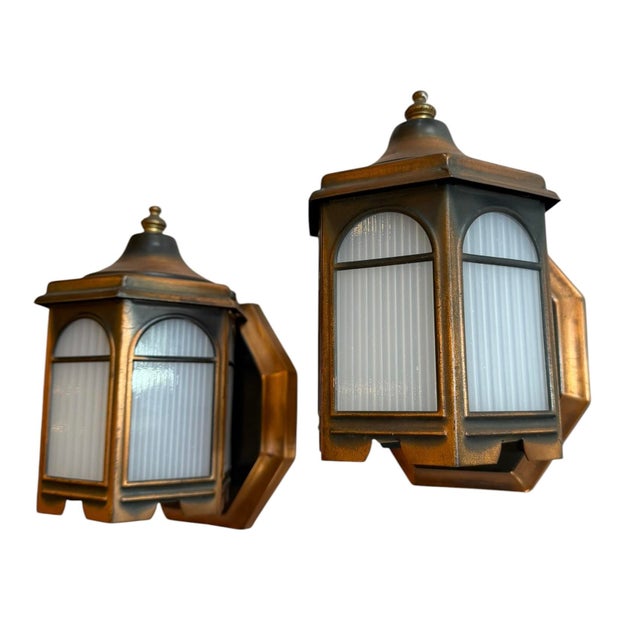 Metal Mid 20th Century Weathered Brass and Copper Pair of Porch Lights - a Pair For Sale - Image 7 of 14