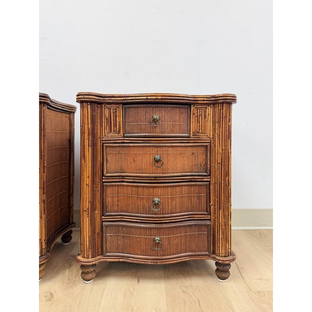 Mid 20th Century Vintage Nightstands Split Bamboo Reed Four Drawer British Colonial Pair Coastal Regency, Pair For Sale - Image 5 of 12