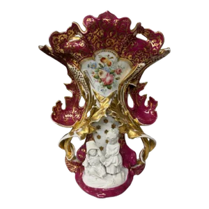 Antique Old Paris Porcelain Floral & Gilt Decorated Vase With Figural Children