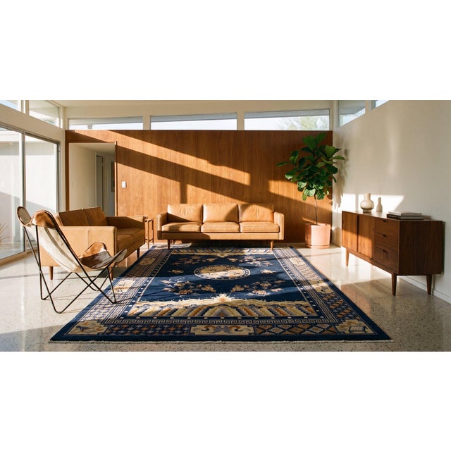 1920s Navy Blue Birds Medallion Antique Chinese Peking Carpet 6' 1'' X 9' Knotted Wool Rug For Sale - Image 15 of 15