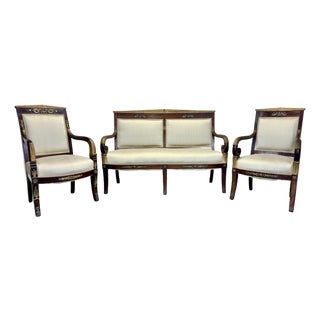 Antique French Empire Parlor Suite Set Settee & King / Queen Armchairs Restored For Sale