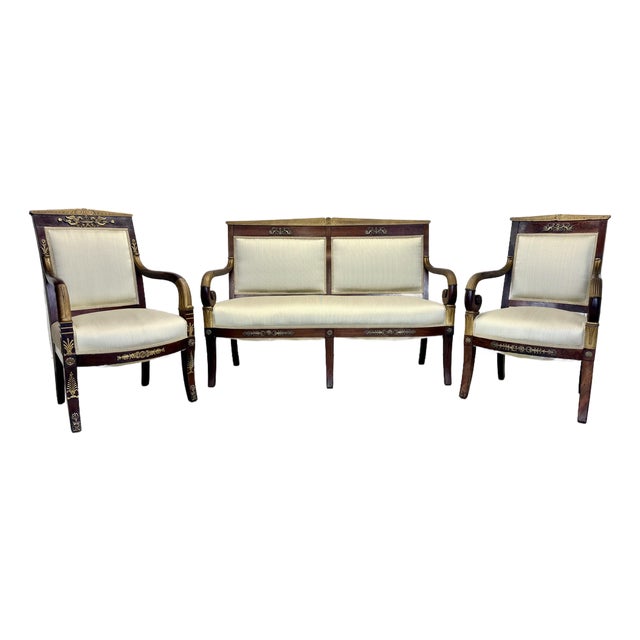 Antique French Empire Parlor Suite Set Settee & King / Queen Armchairs Restored For Sale