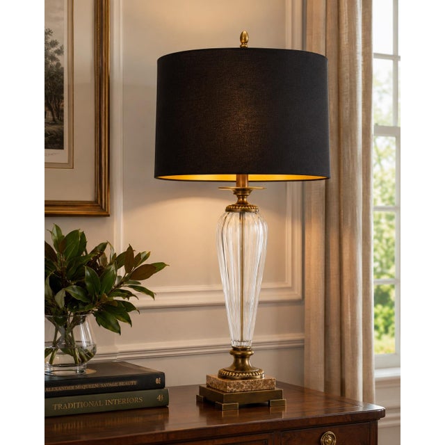 Designer Fluted Crystal, Antiqued Brass & Stone Table Lamp with New Black & Gold Shade Elevate any interior with this...