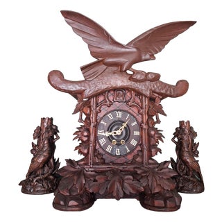 Important Masterpiece Black Forest Table-Fireplace Clock, Cuckoo Clock Made by Aleksander Fleig, Set of 3 For Sale