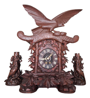 Important Masterpiece Black Forest Table-Fireplace Clock, Cuckoo Clock Made by Aleksander Fleig, Set of 3