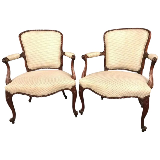 Louis XV Style Walnut Fauteuils or Bergères in a Scalamandre Fabric - a Pair For Sale