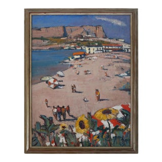 Mid Century Beach Landscape Oil on Board For Sale