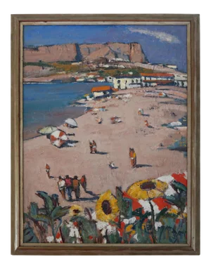 Mid Century Beach Landscape Oil on Board