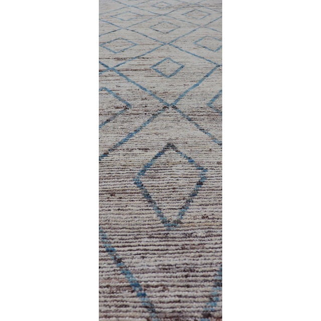 Tribal Modern Tribal Runner in Wool With Sub-Geometric Diamond Design in Cream and Blue 3'6 X 15'9 For Sale - Image 3 of 11