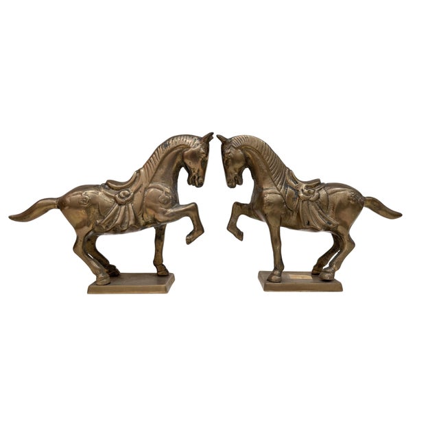Midcentury solid brass war horse bookends/mantel ornaments.