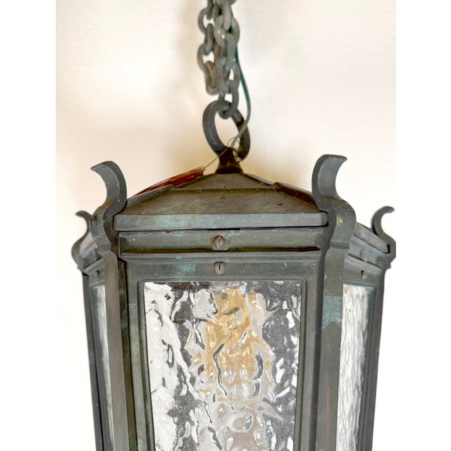 Antique Traditional Bronze Wavy Glass Pendant Light For Sale - Image 10 of 11