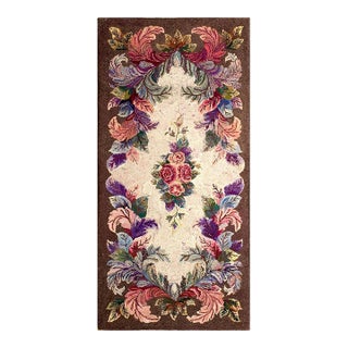 1930s Ivory Floral Folk Art Antique American Hooked Rug 3'1" X 6'1" Handknotted Wool Carpet For Sale