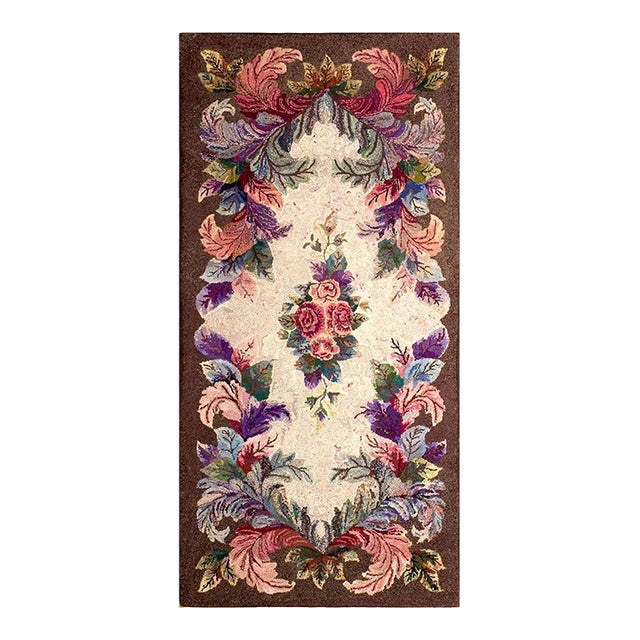 1930s Ivory Floral Folk Art Antique American Hooked Rug 3'1" X 6'1" Handknotted Wool Carpet For Sale
