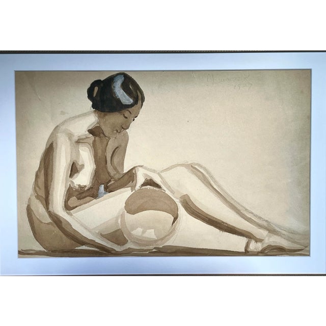 An original vintage watercolor of a Nude Hopi Native American Indian woman with pottery bowl by Anne Neumark circa 1929....