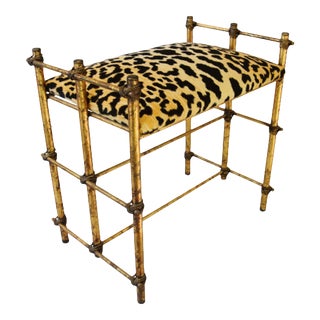 1950s Mid-Century Vanity Stool/Bench Newly Upholstered in a Leopard Velvet Fabric For Sale