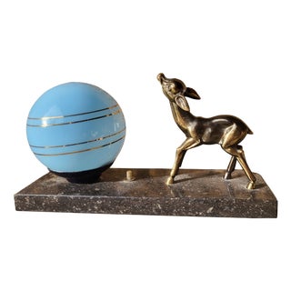 Art Deco Night Light with Fawn Motif, Gilt Spelter and Blue Opaline Globe, France, 1930 For Sale