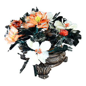 20th Century Chinese Hand Carved Carnelian Hardstone Floral Centerpiece & Cast Bronze Base