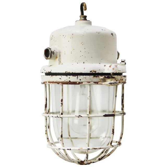 Vintage Industrial White Metal and Clear Glass Pendant Light For Sale - Image 6 of 6