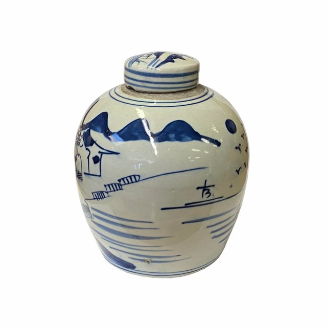 Chinoiserie Chinese Oriental Small Blue White Scenery Porcelain Ginger Jar For Sale - Image 3 of 5