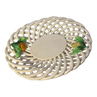 Trompe-'L'oeil Strawberry White Ceramic Lattice Basket For Sale