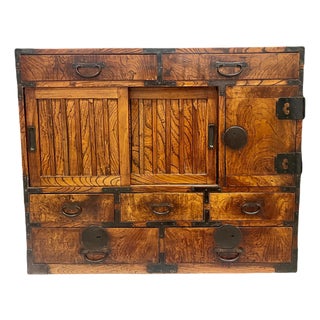 Antique Japanese Tansu Zelkova Wood Storage Cabinet, Iron Hardware, 10 Drawers (Late Meiji Period) For Sale