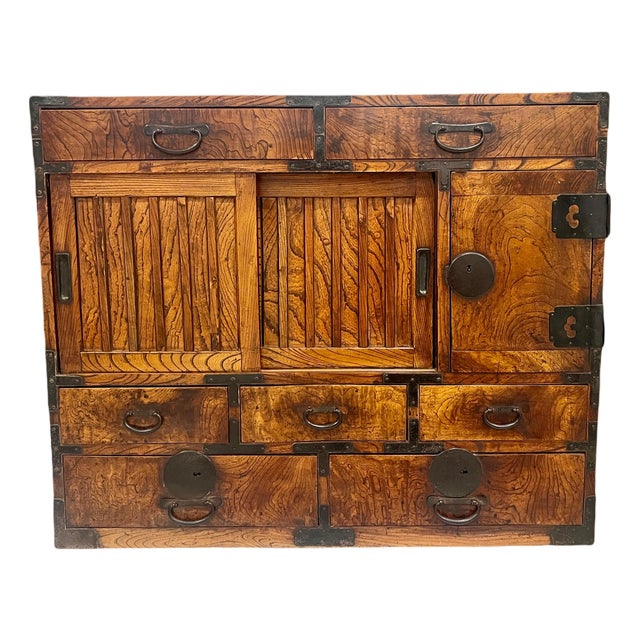 Antique Japanese Tansu Zelkova Wood Storage Cabinet, Iron Hardware, 10 Drawers (Late Meiji Period) For Sale