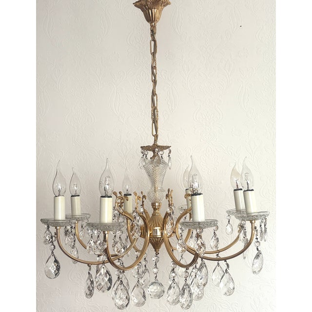Brass and Lead Crystal 8-Light Chandelier, 1960s For Sale - Image 4 of 15
