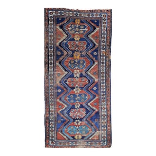 Vintage Persian Kurdish Tribal Rug, Hand-Knotted Wool, Geometric Pattern, Blue & Rust-Red, 4x8 For Sale