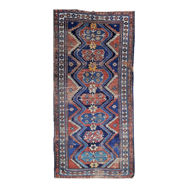 Vintage Persian Kurdish Tribal Rug, Hand-Knotted Wool, Geometric Pattern, Blue & Rust-Red, 4x8 For Sale