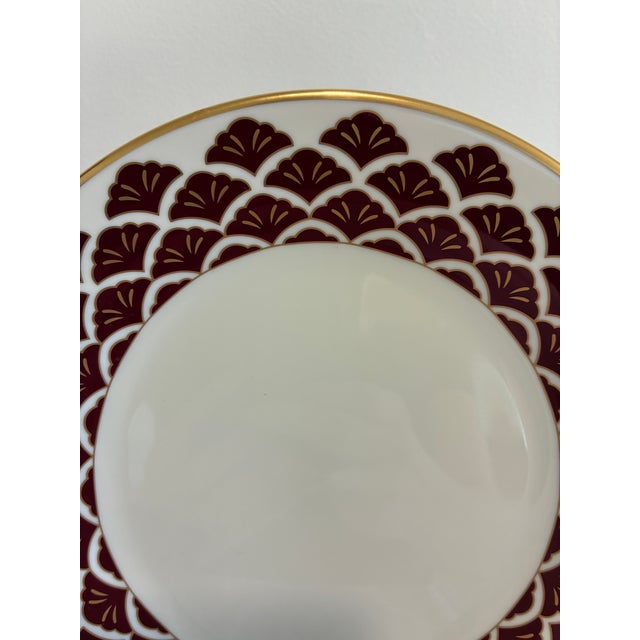 An elegant set of 8 vintage finds Pickard Fine China salad plates, each adorned with a rich burgundy scalloped fan border...