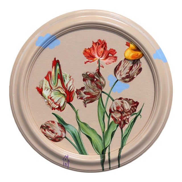 A Duck Flying Above the Clouds - Floral Surrealist Art on Canvas Original Artwork by Carlos Gamez De Francisco For Sale