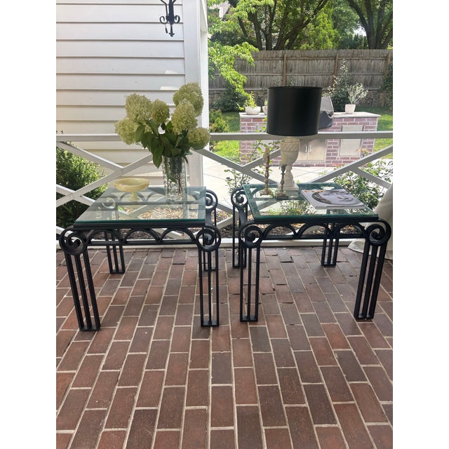 Stunning pair of French 1920’s deco style outdoor black metal occasional tables.