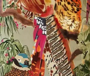 Mulberry Lee Jofa “Bird Game” in Fig/Multi and Stone Velvet Fabric Sample