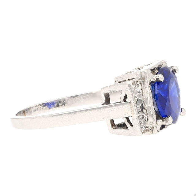 Vintage GRS Certified 2.47 Carat Royal Blue Sapphire & Diamond Platinum Ring, Size 6 For Sale - Image 4 of 8