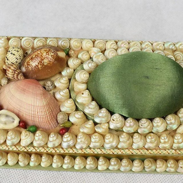 Shell Encrusted Rectangular Keepsake Box With Green Silk Lid For Sale - Image 4 of 7