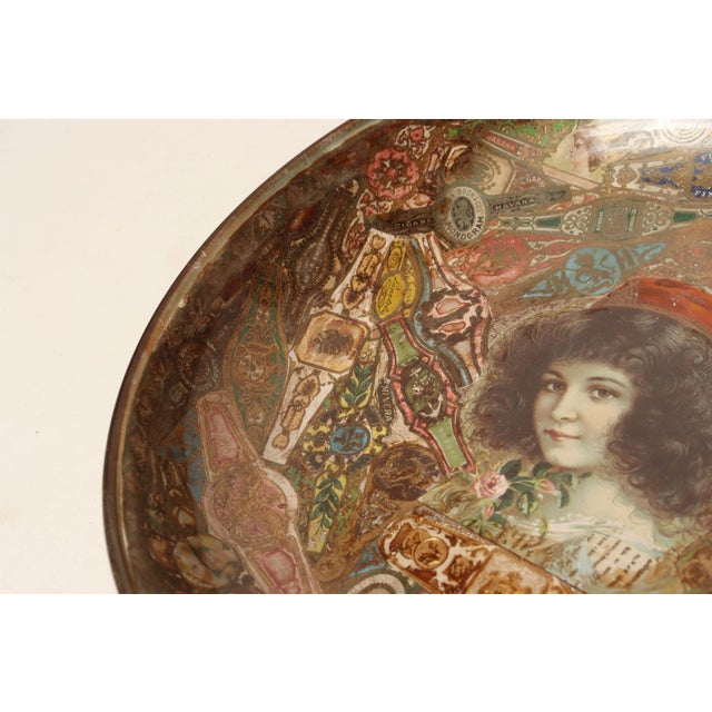 Brown Vintage Folk Art/Tramp Art Tobacciana Cigar Band Decoupage Glass Decorative Bowl For Sale - Image 8 of 15