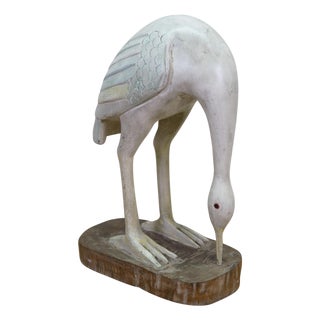 Vintage Hand Carved Wood Crane Egret Wading Bird Sculpture Folk Art Decoy 14" For Sale